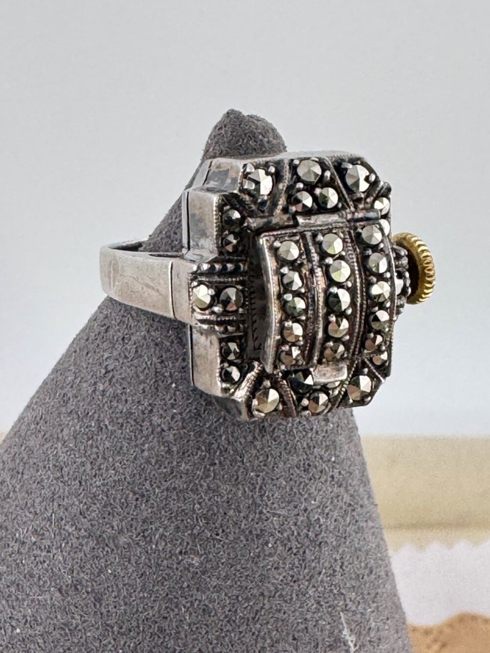 Vintage Swiss Buchere 800 Silver Marcasite Ring Watch Size 5.5